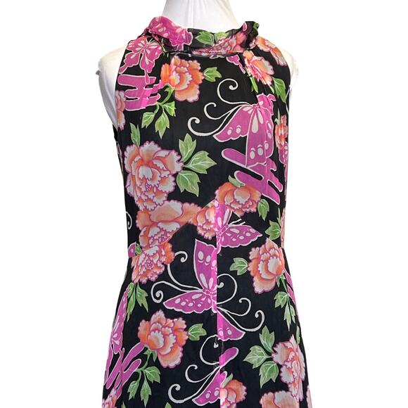 Vintage 60s/70s Black Butterfly Floral Printed Maxi Dress Medium - Picture 1 of 5